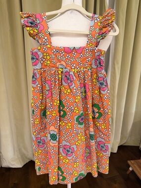 Stella McCartney Kids- Girls Sleeveless Orange Floral Ruffle Strap Dress- Size:6